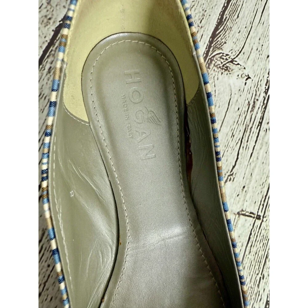 Hogan Women’s Ballet Flats, Size 8,‎ Navy Blue Striped, Silver Hardware, Preppy
